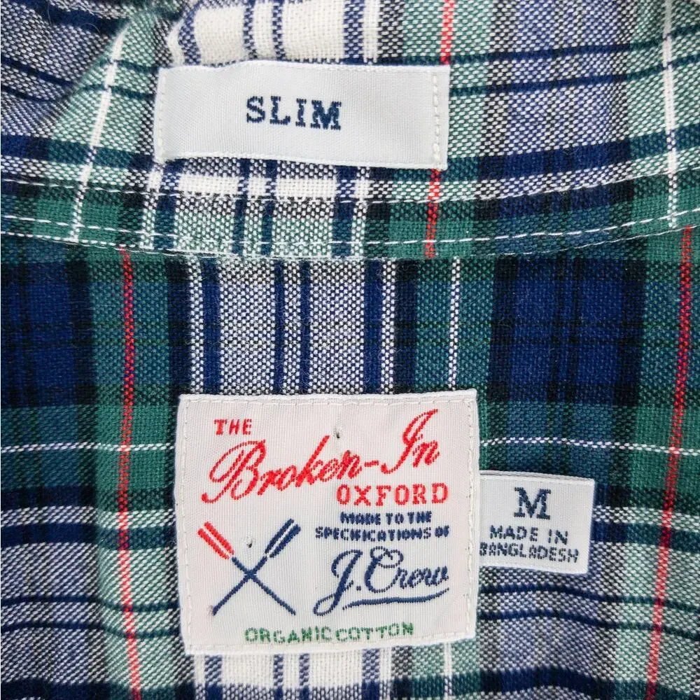 J.Crew Men’s Medium Slim Plaid Button Up Shirt Organic Cotton Broken-In Oxford